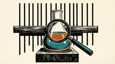 Simulations Plus Inc. trading halted by NASDAQ: a laboratory flask is stopped by a horizontal barrier while being inspected through a large magnifying glass.