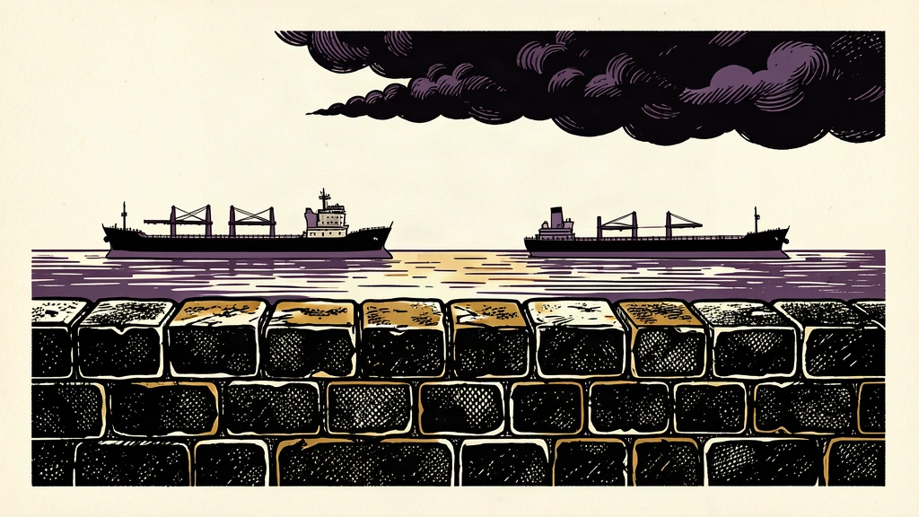 An editorial illustration showing a solid stone barrier protecting a calm sea where oil tankers sit, while a dark cloud looms in the distance.