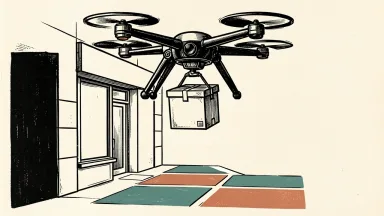 DoorDash drone delivery system: an autonomous multi-rotor aircraft carrying a delivery container above a shop's landing pad.