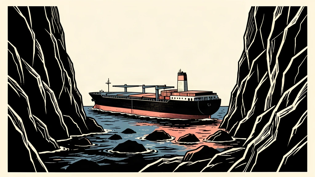 An editorial illustration of a cargo ship navigating a narrow passage between two dark, jagged cliffs.