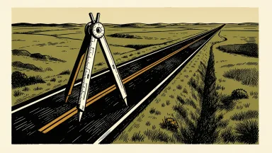 AECOM managing Ontario's Highway 413 project: a large drafting compass guides the path of a wide highway corridor stretching toward the horizon.