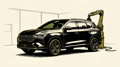 XPeng G9L SUV on a factory floor beside a robotic arm.