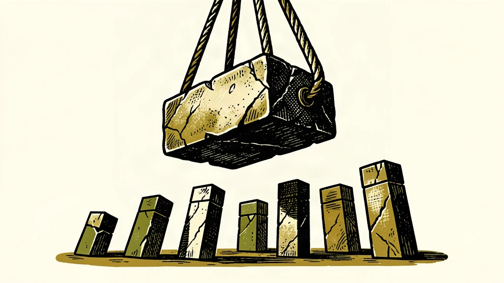 A heavy stone block is winched upward by ropes, looming over a row of smaller pillars that shift in its wake.
