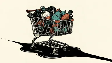 An editorial illustration of a full grocery cart slowing down as its wheels enter a thick, tapering pool of ink.