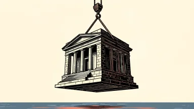 U.S. Bancorp shares supported by a new Buy rating: a classical bank building being lifted upward by a heavy industrial hook.