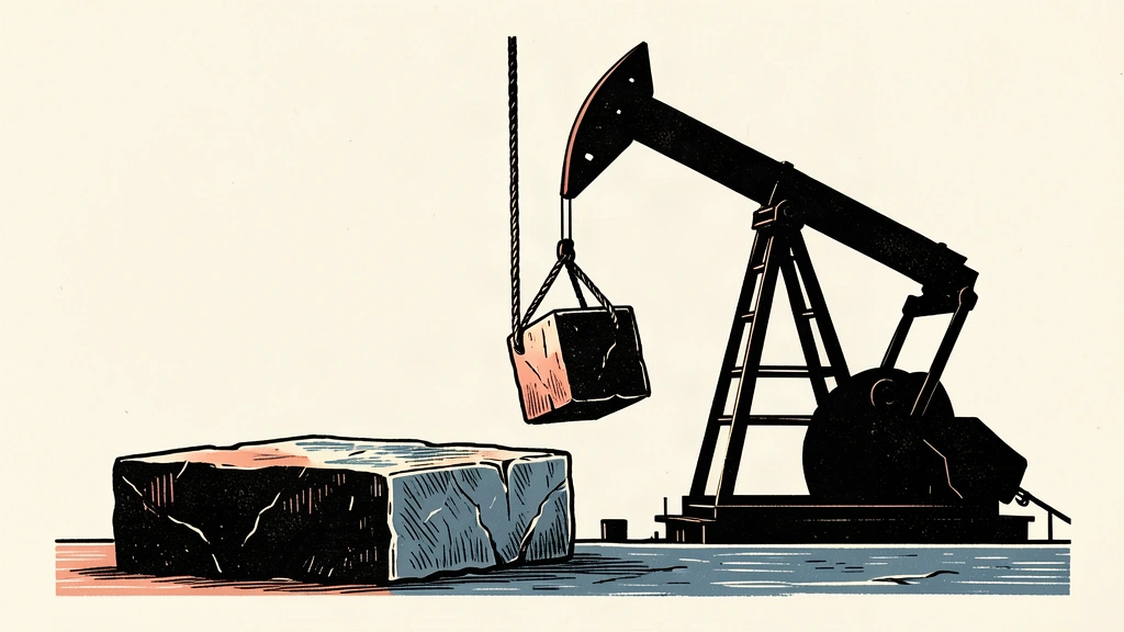 An editorial illustration showing one stone block on the ground and another being pulled upward by a rope, with an oil pumpjack silhouette in the background.