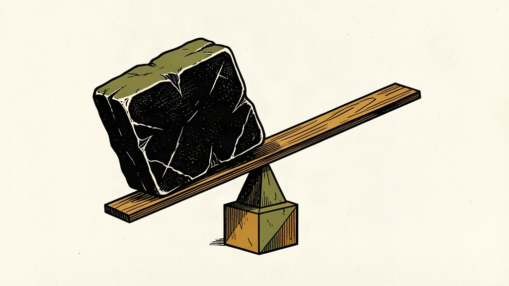 An editorial illustration showing a massive textured block of debt tilting a thin lever to an extreme angle.