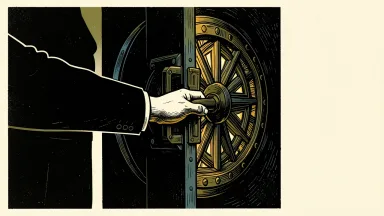 Goldman Sachs CEO acknowledges AI concerns: a hand in a suit sleeve reaches for the handle of a heavy bank vault door as a complex light pattern emerges.