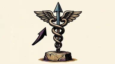 Humana price target set by Raymond James: a healthcare caduceus symbol on a stone base with a large upward-pointing arrow indicating a new valuation target.