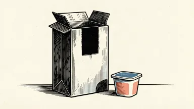 A cereal box with a rectangular piece cut out of its side, with a yogurt cup sitting in the gap.