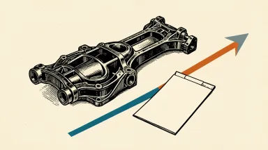 Simwon America IPO filing: a large automotive chassis part sits beside a blank document and a rising diagonal line.