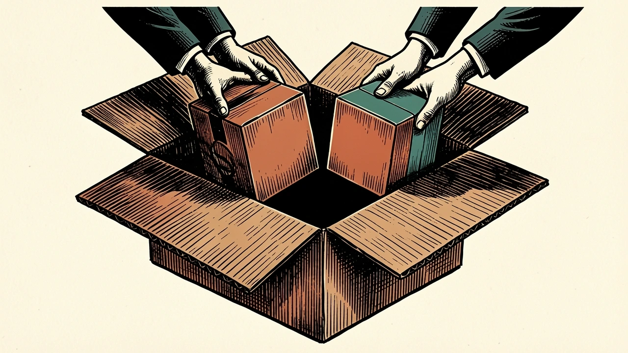 Kimberly-Clark executive transition: two smaller boxes being placed into a larger open shipping container by anonymous hands.