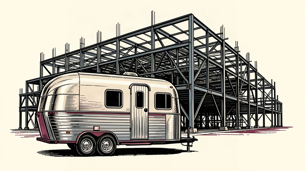 An editorial illustration showing a small silver Airstream trailer parked in front of a massive, unfinished data center construction site.