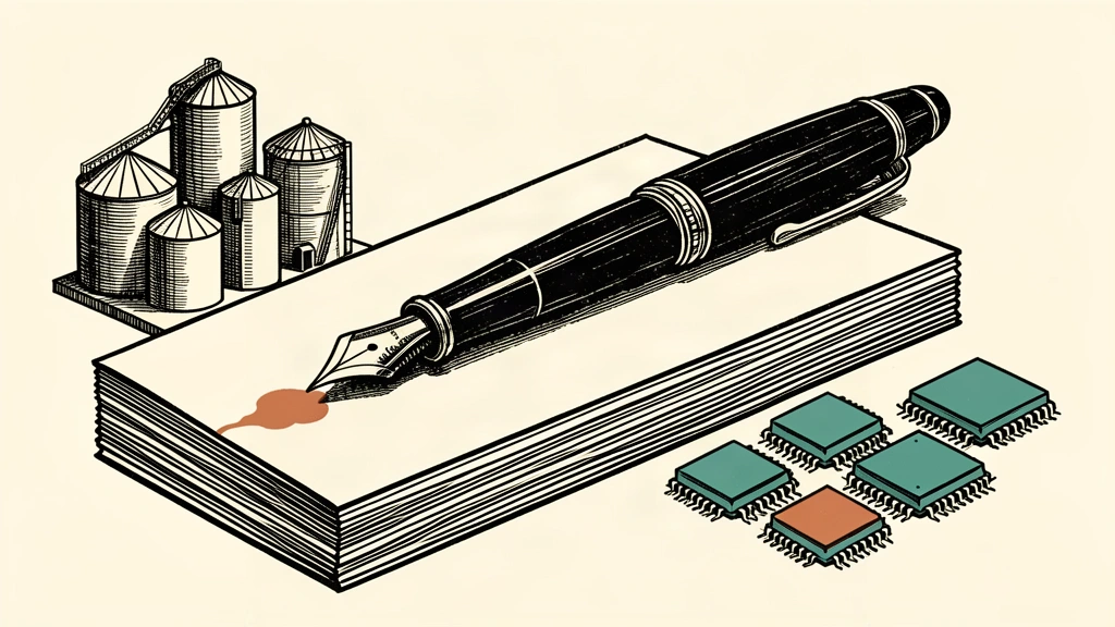 An editorial illustration showing a large fountain pen bridging industrial oil silos and microchips on a stack of paper.
