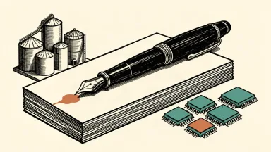 An editorial illustration showing a large fountain pen bridging industrial oil silos and microchips on a stack of paper.