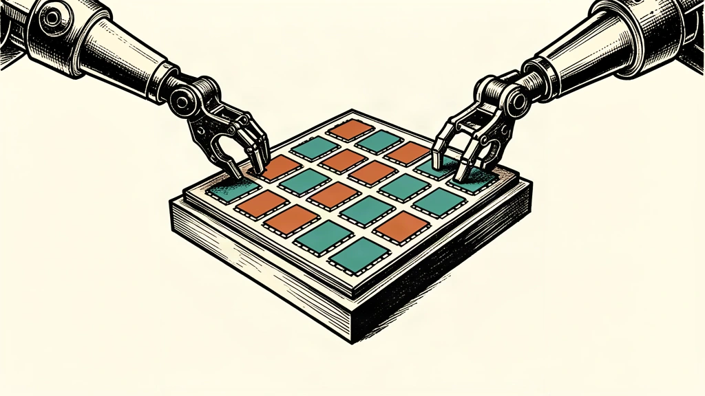 An editorial illustration of two mechanical arms reaching toward a single memory chip wafer from opposite sides, symbolizing the early-stage partnership talks between SK Hynix and Intel.