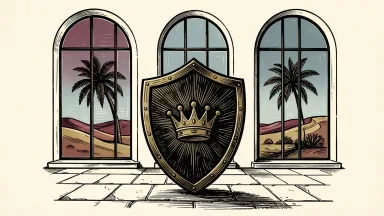 Egypt signals security support for Saudi Arabia: a large shield with a crown icon stands in a hall overlooking a desert landscape.