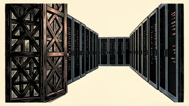 Zscaler recurring revenue outlook: a heavy geometric security gate opens toward a long row of server racks.