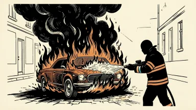 Protests in France: a firefighter directs a stream of water at a vehicle engulfed in flames and dark smoke.