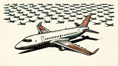 A large commercial jet sits in the foreground with a vast fleet of smaller plane silhouettes receding into the background.