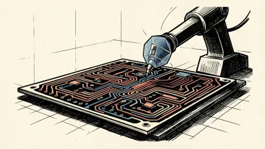 Keysight ADS 2027 software using agentic AI: a mechanical drafting arm autonomously etching a complex radio frequency circuit board.