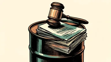 Flotek Industries securities lawsuit deadline: a legal gavel rests on an industrial oil drum next to a stack of documents.