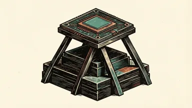Broadcom assembling $60 billion in financing for AI customers: a large AI chip resting on a massive tiered foundation of heavy stone-like slabs.