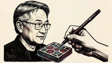 Nvidia CEO Jensen Huang observing the distillation of an AI model, depicted as a smaller geometric tile being carved from a larger one. Identity photo references adapted into illustration: Photographer: Peter Dasilva (CC BY 4.0; https://creativecommons.org/licenses/by/4.0); source https://commons.wikimedia.org/wiki/File:Jensen_Huang_(cropped)_(2024).jpg