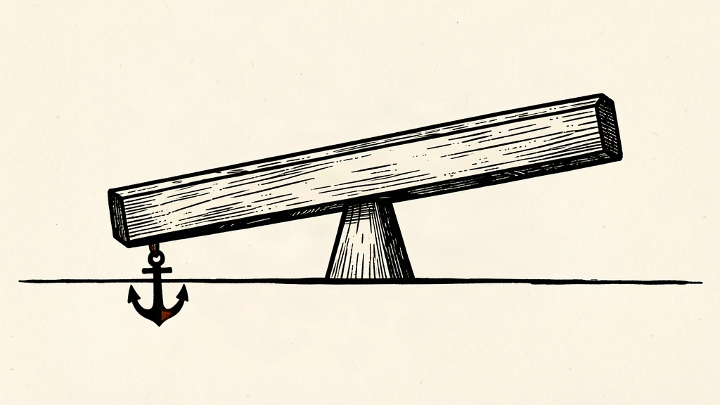 A heavy horizontal beam tilting slightly below a level horizon line, weighted by a small anchor.