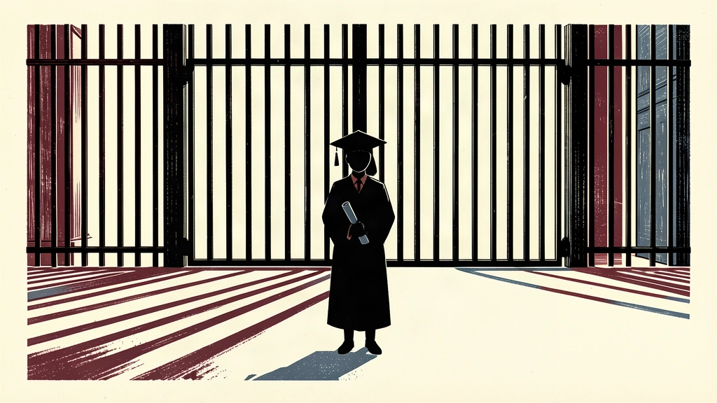 An editorial illustration showing a graduate silhouette facing a massive, closed iron gate on a wide ivory field.