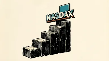 Nasdaq Composite reaches a new record close: the Nasdaq logo rests on the highest of five ascending stone blocks against a plain ivory background.