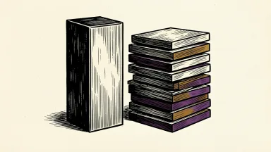Scage Future reverse ADS split: a single thick block stands next to a stack of fifteen thin slabs of equal total height.