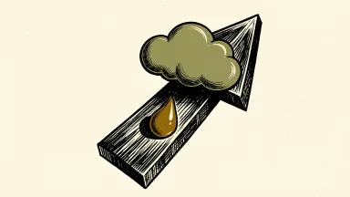Salesforce and Chevron lead a Dow Jones gain: a cloud and an oil droplet resting on a large upward-pointing arrow.
