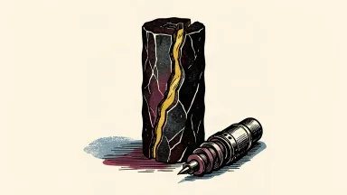 OceanaGold reports high-grade drill results: a vertical rock core sample with a thick, jagged vein of gold running through its center.
