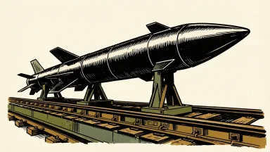 Lockheed Martin's PAC-3 Edge interceptor: a sleek, modern missile resting on an industrial transport rail against a clean ivory background.
