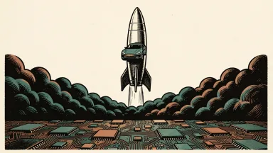 Nasdaq hits record highs: a rocket-car hybrid ascends through a cloud layer above a landscape of microchips.