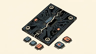 Semiconductor index drops for seventh straight session; a cracked circuit board with scattered microchips.