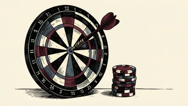 Flutter Entertainment's price target is lowered, shown by a dartboard with a dart near the outer ring and poker chips nearby.