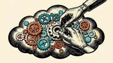 Cognizant implementing AI-driven cloud finance for SITA: mechanical hands adjusting a network of gears and data nodes on a solid cloud platform.