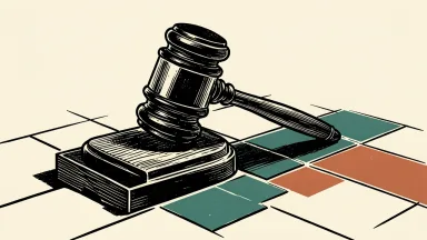 AppLovin faces a securities fraud class action: a heavy gavel rests beside a digital grid where one tile is displaced.