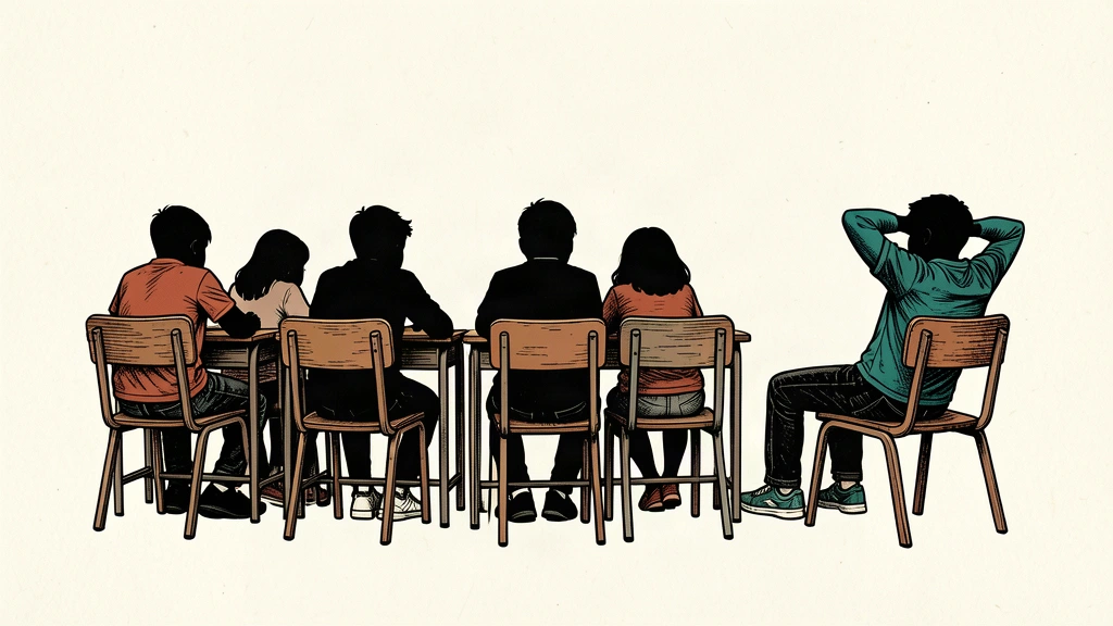 An editorial illustration showing six chairs where five people are leaning forward in a study or work posture, while the sixth person sits back in a detached, idle pose.