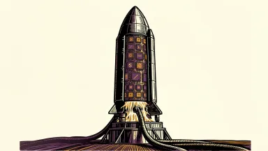 A SpaceX rocket with an internal grid of Nvidia chips powered by a heavy cable, representing the strategic AI investment plan.