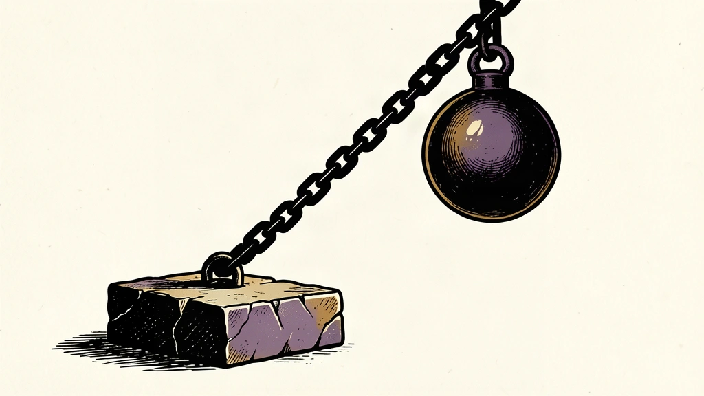 A heavy iron weight pulls a thick chain taut from a solid stone treasury block, illustrating the strain of high borrowing costs.