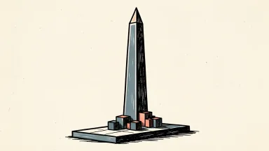 NASDAQ 52-week highs and lows scene: a tall obelisk with a small cluster of cubes far below its midpoint.