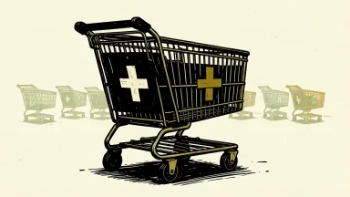 Shopify's merchant growth accelerates as rival platforms shrink, shown by a large cart with a plus sign and smaller fading carts.