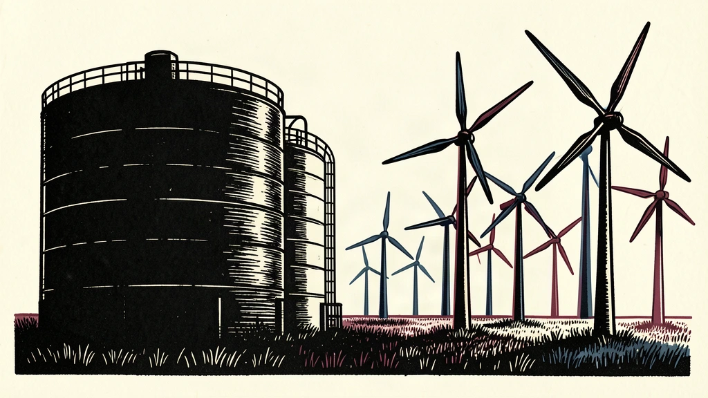 An editorial illustration showing a large oil tank being eclipsed by a growing field of wind turbines.