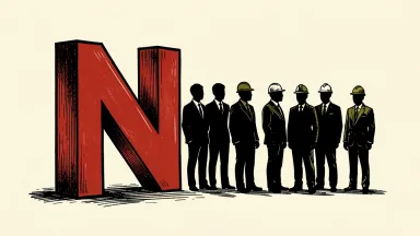 Netflix workforce reduction: a large red ribbon N stands beside a row of anonymous worker silhouettes, with one figure separated from the group.