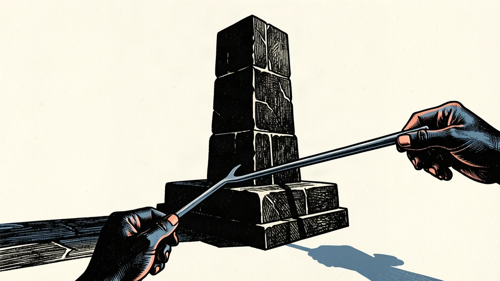 A conceptual illustration showing a large stone monument resisting a removal attempt with a bending pry bar.