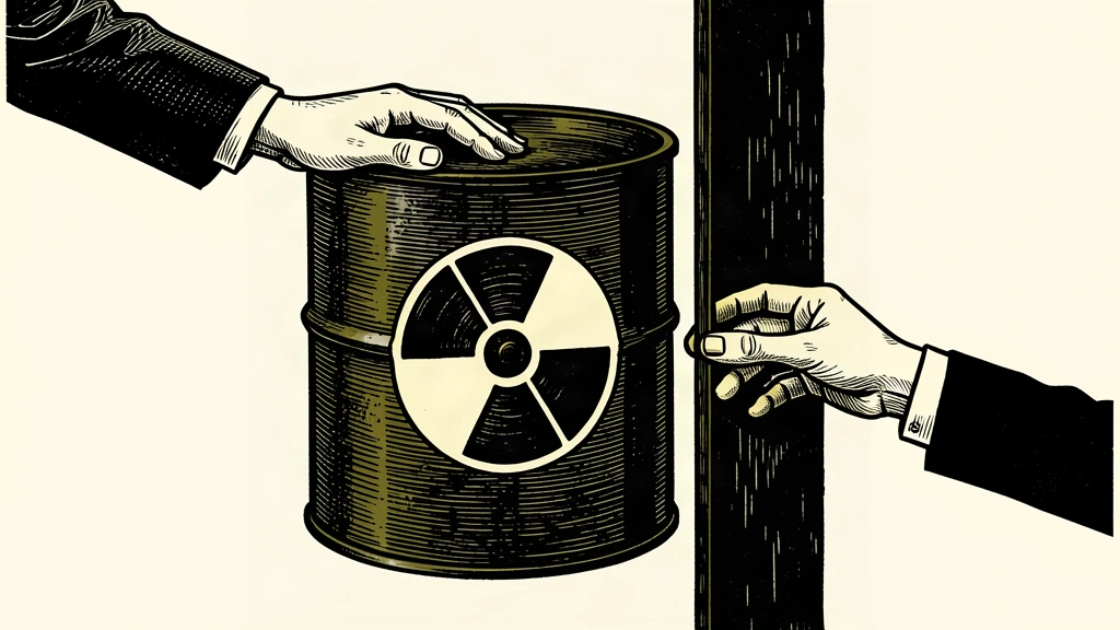 A conceptual illustration showing a radioactive material container secured by one hand while a thick vertical barrier blocks a second hand from reaching it.