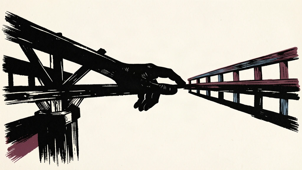 An editorial illustration showing a large bridge span from one side nearly meeting three separate spans from the other, with a hand guiding the final connection.